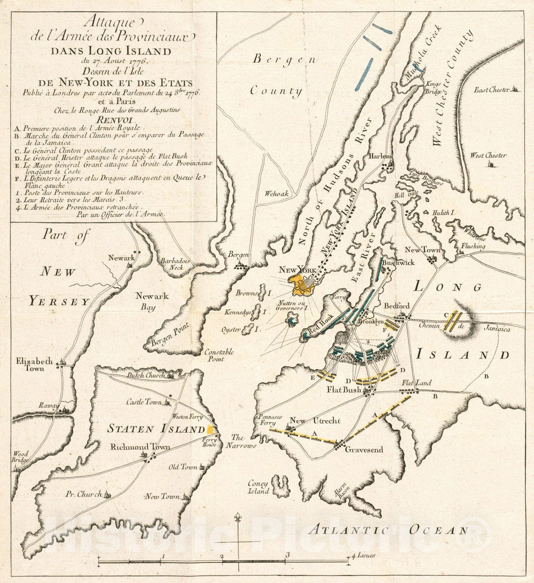 Historical Map, Attaque de l'armee des provinciaux dans Long Island du 27. Aoust 1776 : dessin de l'isle de New-York et des Etats, Vintage Wall Art