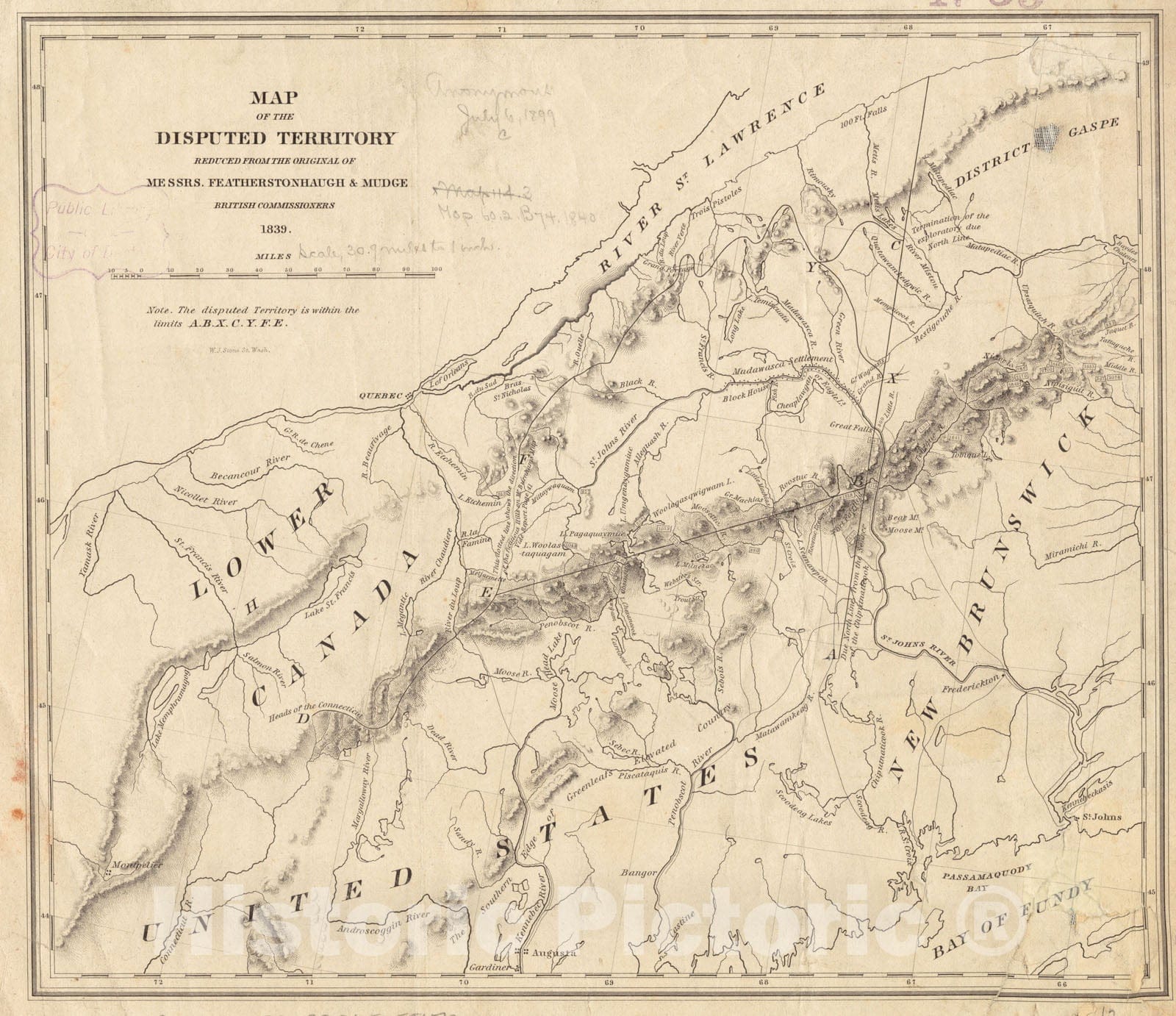 Historical Map, 1839 Map of The disputed Territory [Maine] : Reduced from The Original of Messrs. Featherstonehaugh & Mudge, British commissioners, Vintage Wall Art
