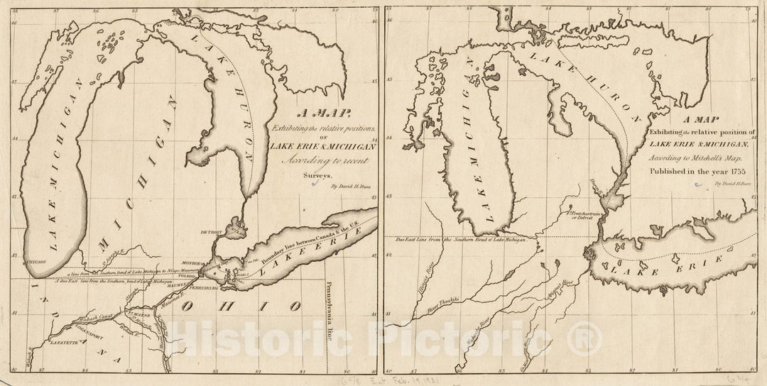 Historical Map, 1834 Historical Map, Boundary, Michigan and Ohio, Vintage Wall Art