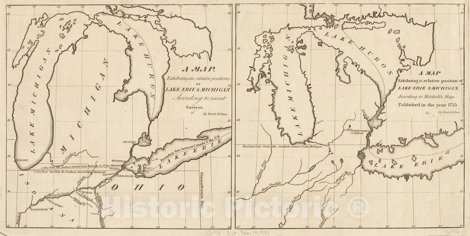 Historical Map, 1834 Historical Map, Boundary, Michigan and Ohio, Vintage Wall Art