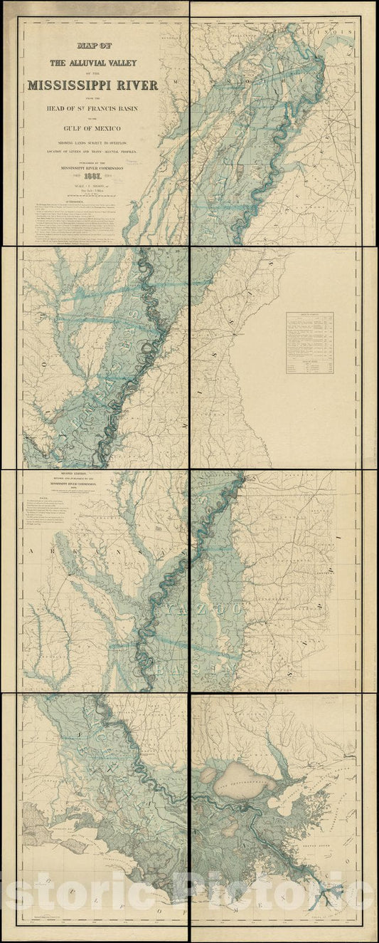 Historical Map, 1899 Map of The alluvial Valley of The Mississippi River from The Head of St. Francis Basin to The Gulf of Mexico, Showing Lands Subject to Overflow, Vintage Wall Art