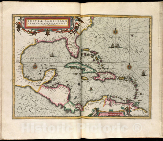 Historical Map, 1638 Insulae Americanae in Oceano Septentrionali Cum terris adiacentibus, Vintage Wall Art