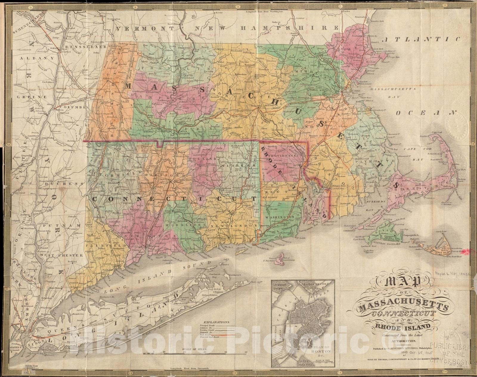 Historical Map, 1843 Map of Massachusetts, Connecticut and Rhode Island Constructed from The Latest Authorities, Vintage Wall Art