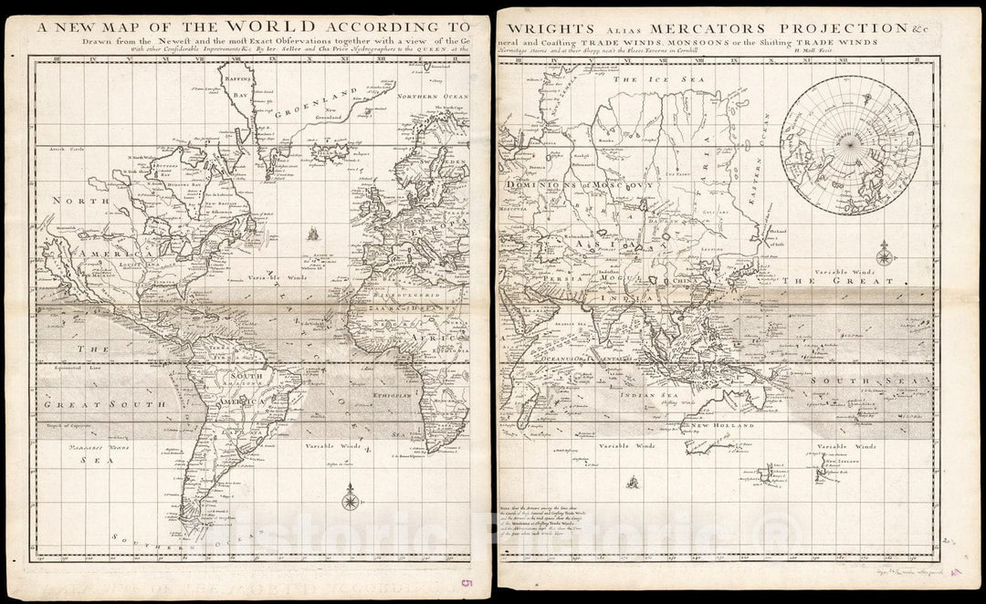 Historical Map, 1706 A New map of The World According to Wrights Alias Mercators Projection et Cetera : Drawn from The Newest and The Most Exact observations Together, Vintage Wall Art