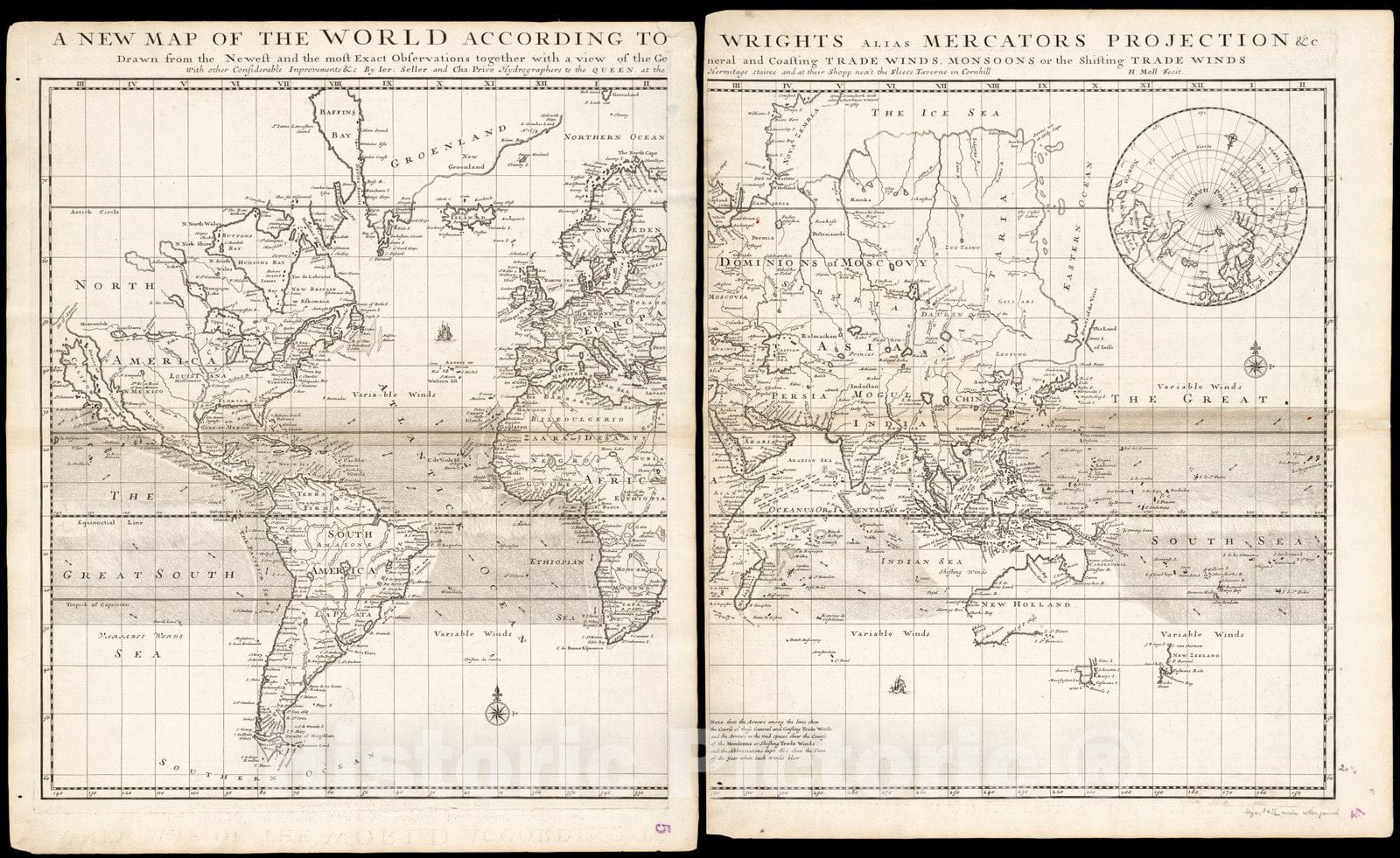 Historical Map, 1706 A New map of The World According to Wrights Alias Mercators Projection et Cetera : Drawn from The Newest and The Most Exact observations Together, Vintage Wall Art