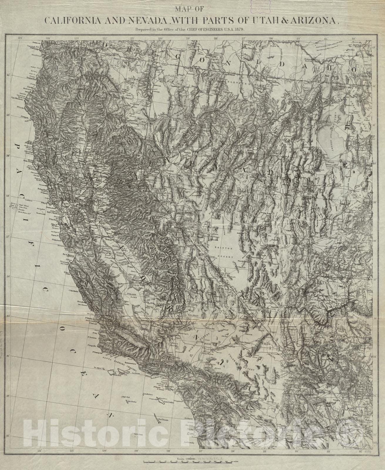 Historical Map, 1879 Map of California and Nevada, with Parts of Utah & Arizona, Vintage Wall Art