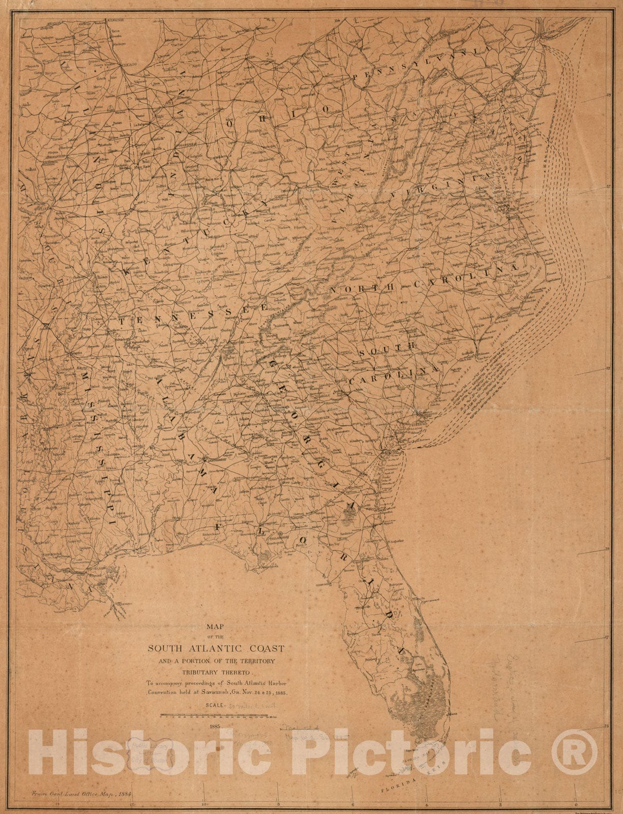Historical Map, Map of the south Atlantic coast and a portion of the territory tributary thereto : to accompany proceedings of South Atlantic Harbor Convention, Vintage Wall Art