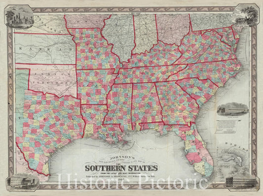 Historical Map, 1860 Johnson's new rail road & county copper plate map of the Southern States from the latest and best information, Vintage Wall Art