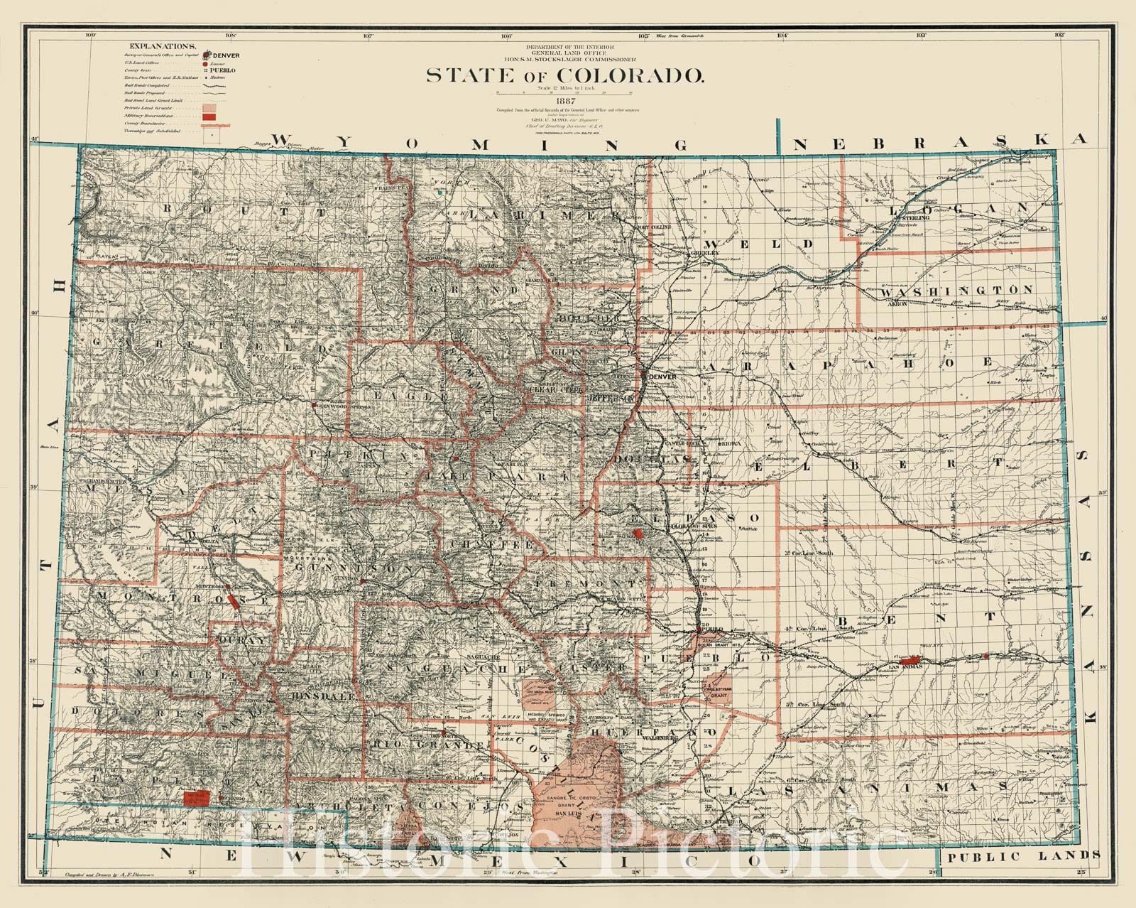 Historical Map, 1887 State of Colorado, Vintage Wall Art
