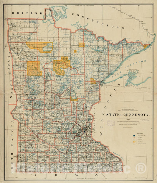 Historical Map, 1894 State of Minnesota, Vintage Wall Art