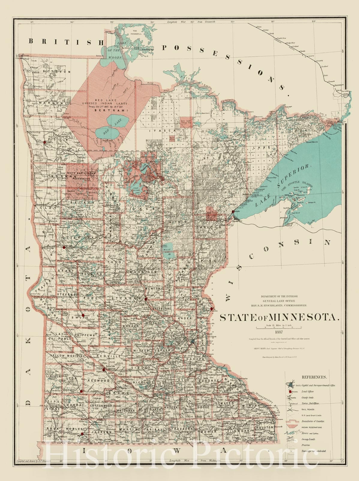 Historical Map, 1887 State of Minnesota, Vintage Wall Art