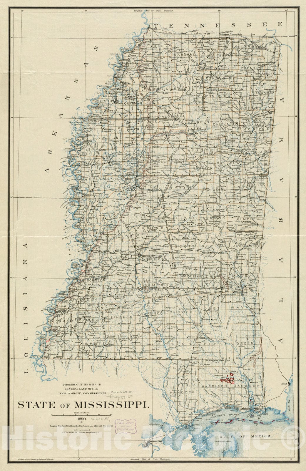 Historical Map, 1890 State of Mississippi, Vintage Wall Art