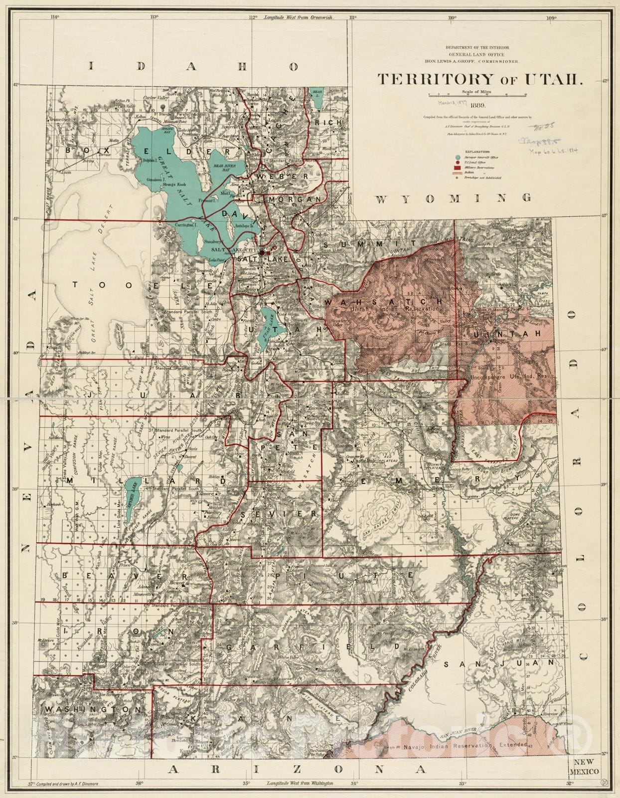 Historical Map, 1889 Territory of Utah, Vintage Wall Art