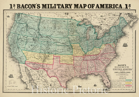 Historical Map, 1862 Bacon's military map of the United States shewing the forts & fortifications, Vintage Wall Art