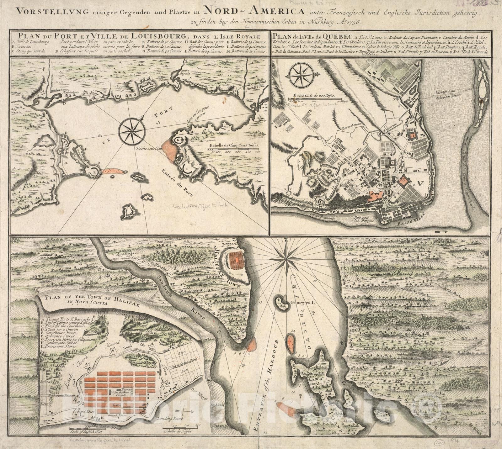 Historical Map, 1756 Vorstellung einiger Gegenden und Plaetze in Nord-America Unter Franzoesisch und Englische Jurisdiction gehoerig, Vintage Wall Art