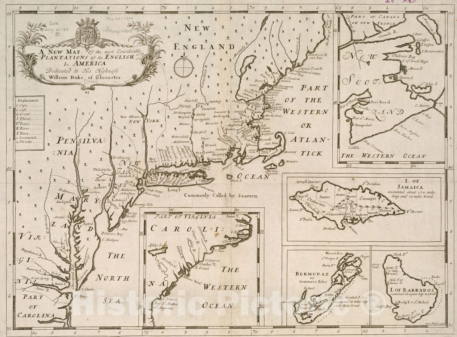Historical Map, 1700 A New map of The Most considerable Plantations of The English in America, Vintage Wall Art