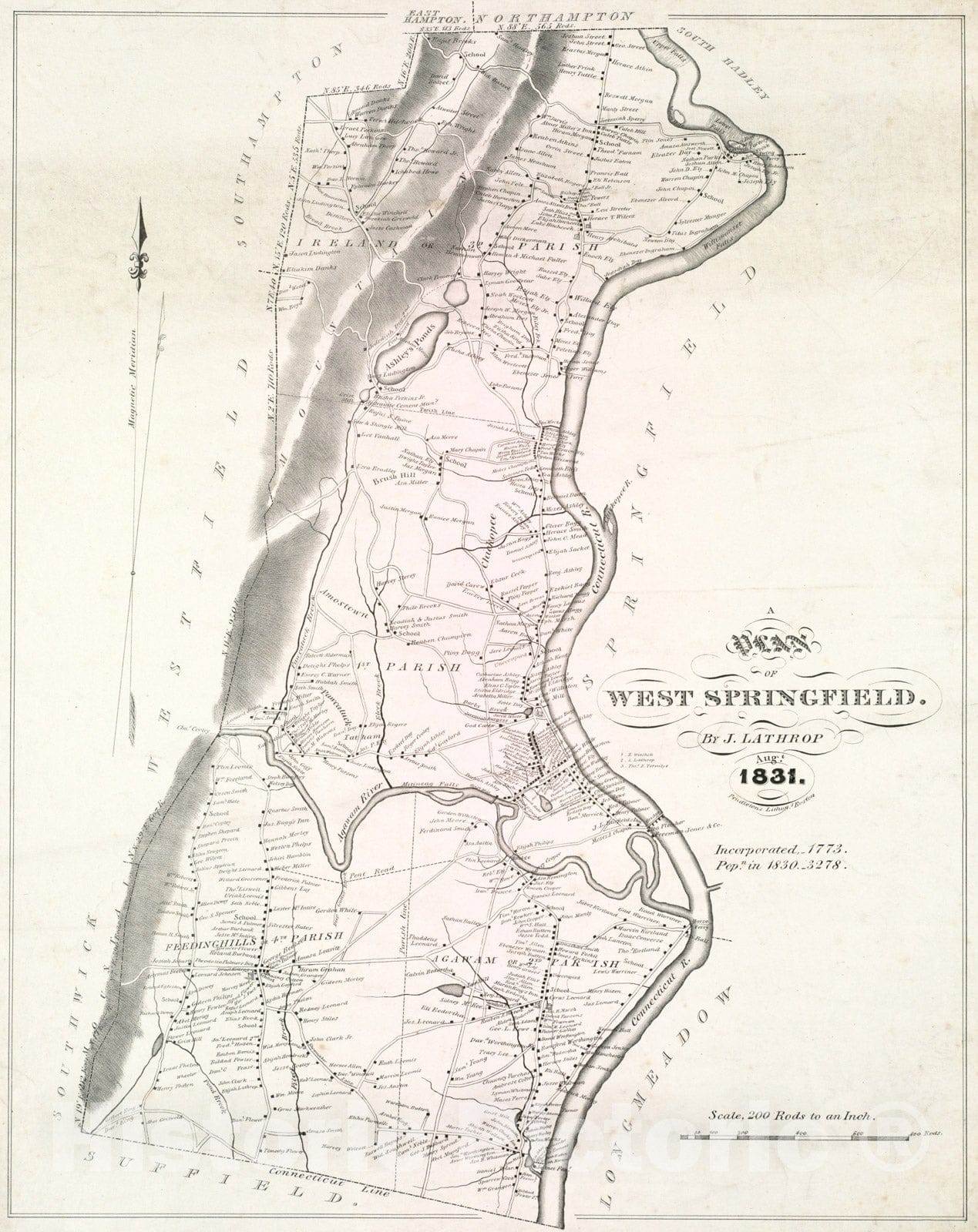 Historical Map, 1831 A Plan of West Springfield, Vintage Wall Art