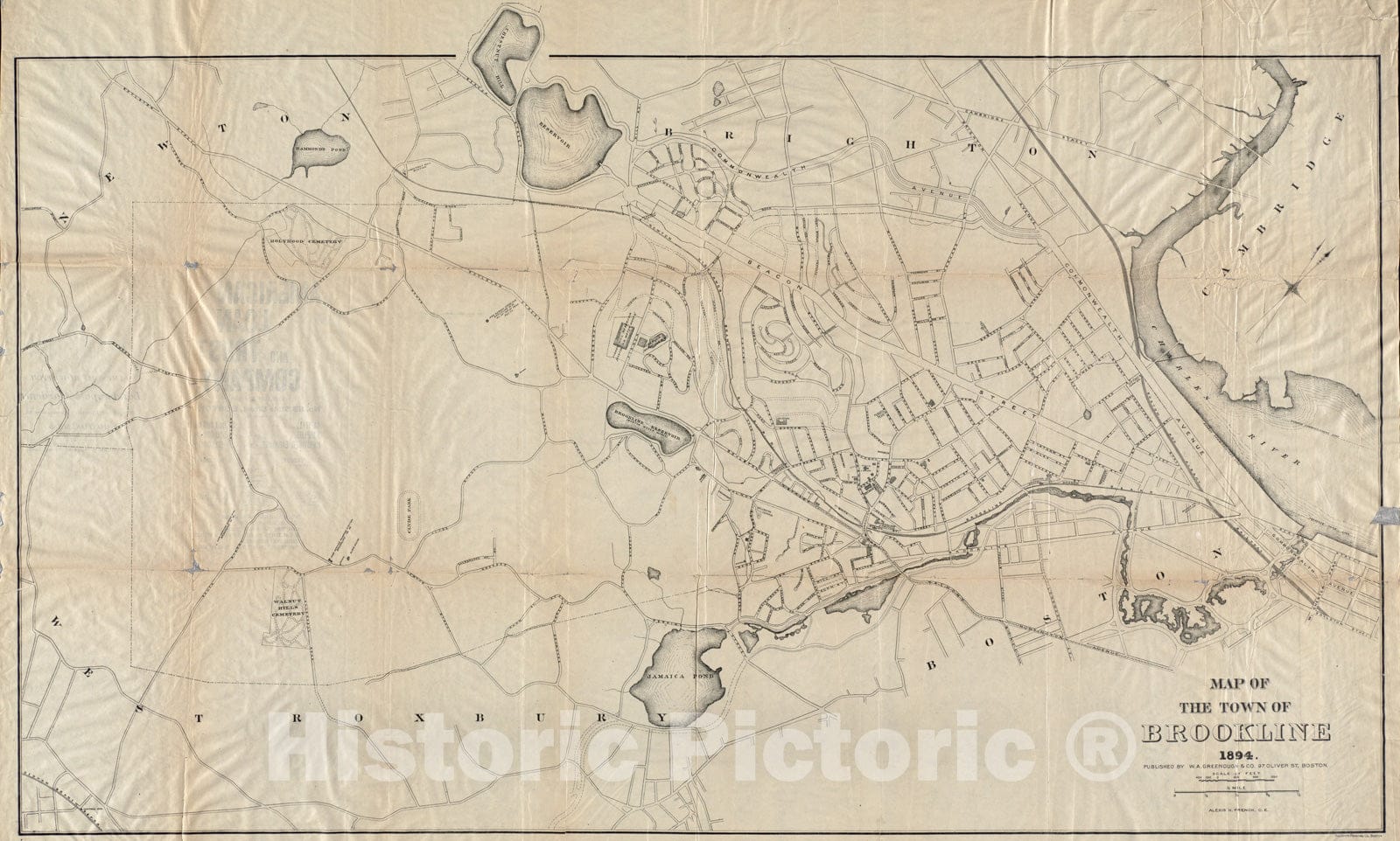 Historical Map, Map of The Town of Brookline : 1894, Vintage Wall Art