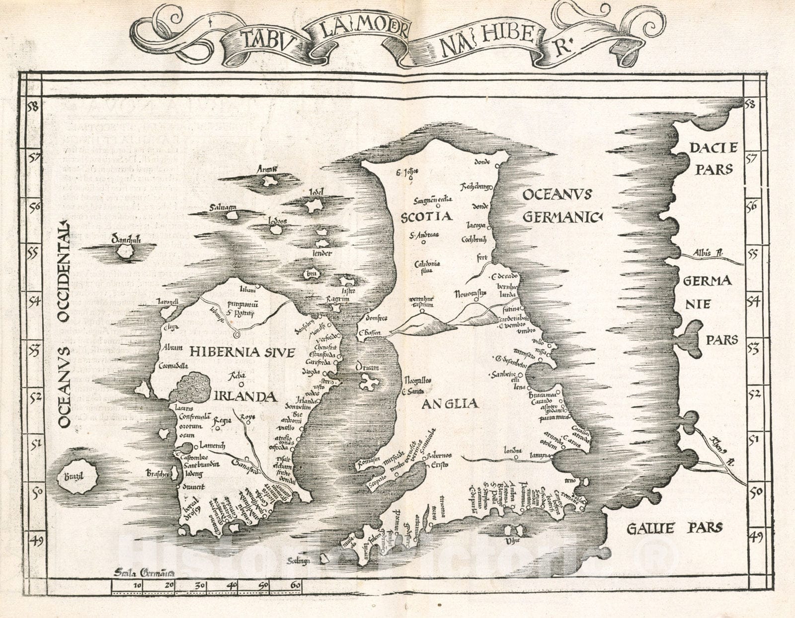 Historical Map, 1525 Tabula moderna Hiber, Vintage Wall Art