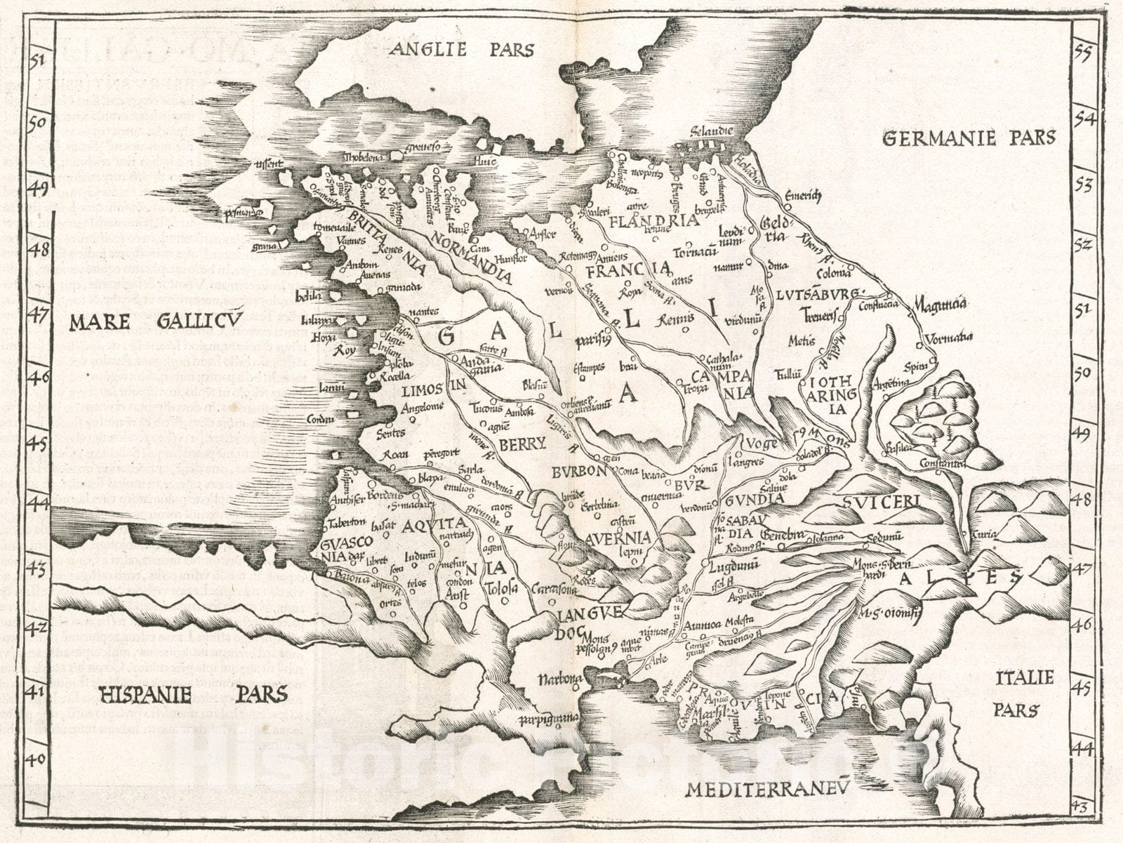 Historical Map, 1525 Ta. mo. Galliae, Vintage Wall Art