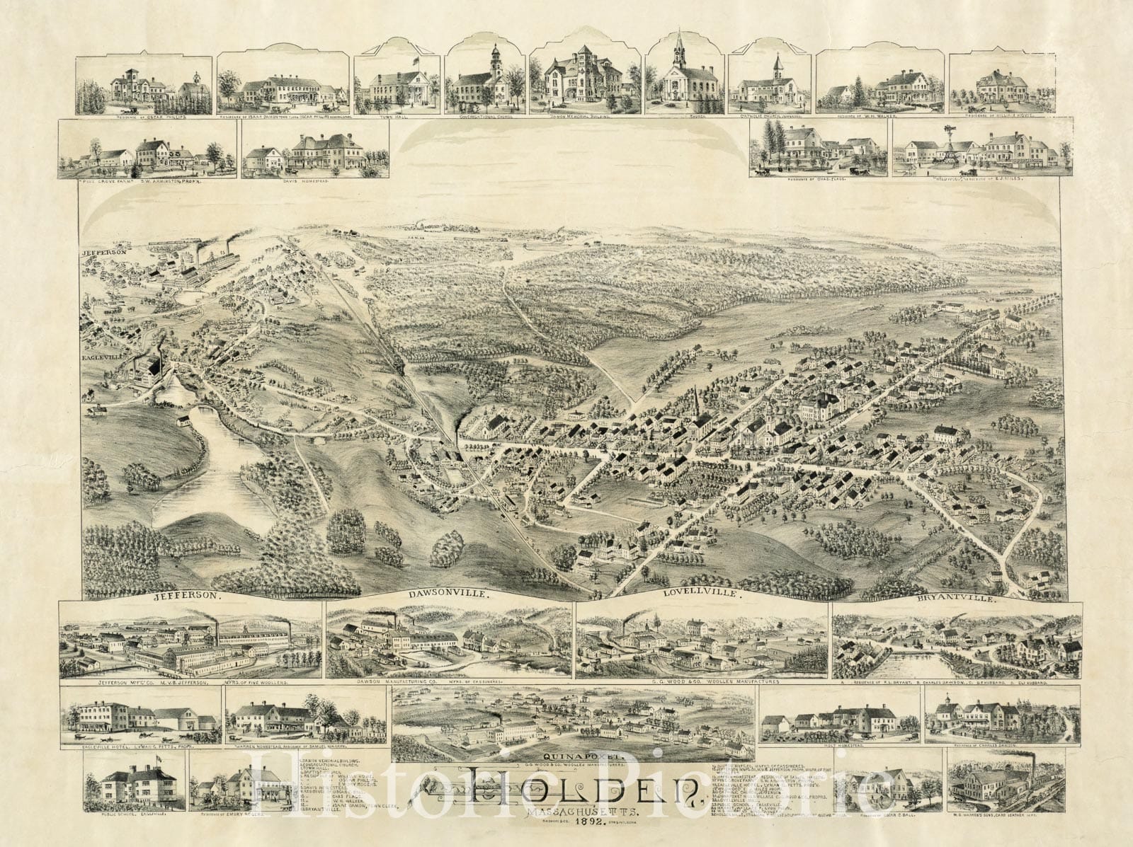 Historical Map, 1892 Holden, Massachusetts, Vintage Wall Art