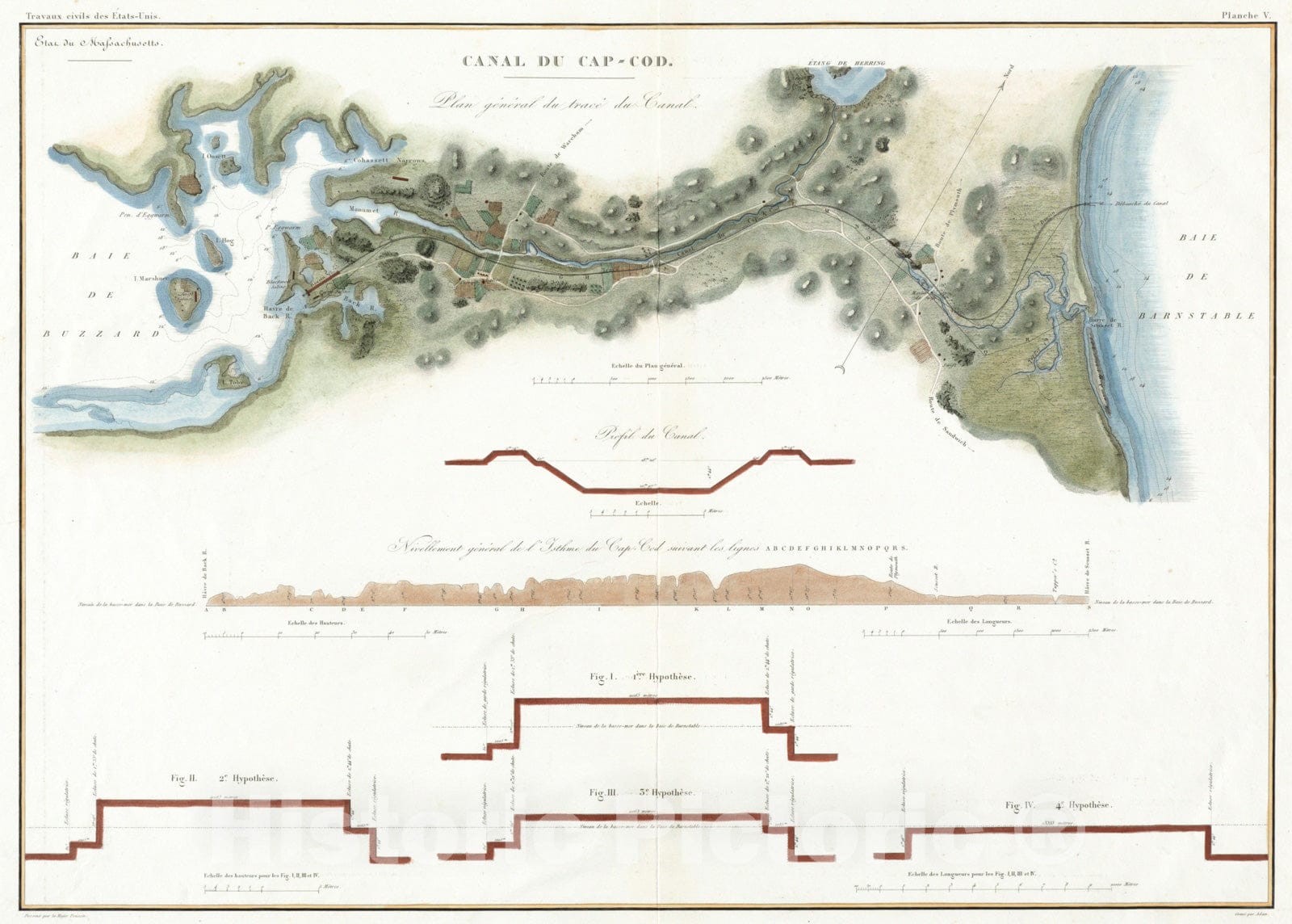 Historical Map, 1834 Canal du Cap-Cod : Plan General du Trace du Canal, Vintage Wall Art