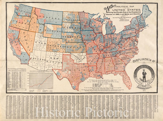 Historical Map, Weller's Political map of The United States : Showing The Plurality Vote of The Presidential Election of 1892, in All States and Counties, Vintage Wall Art