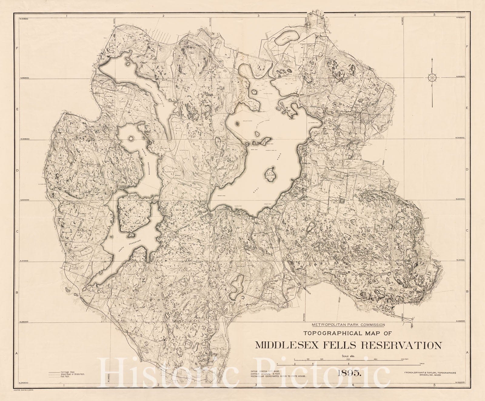 Historical Map, 1895 Topographical map of Middlesex Fells Reservation, Vintage Wall Art
