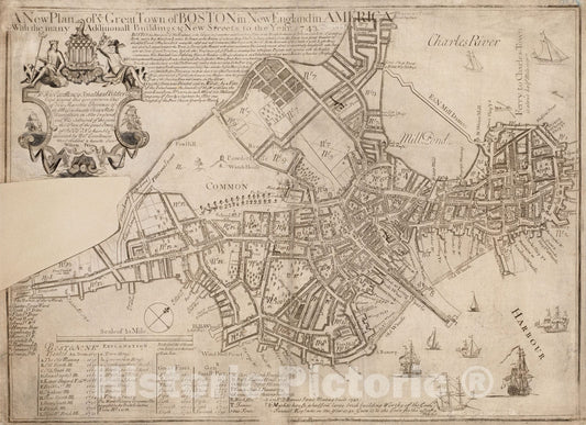 Historical Map, A New Plan of ye Great Town of Boston in New England in America, with The Many additionall Buildings & New Streets to The Year 1743, Vintage Wall Art