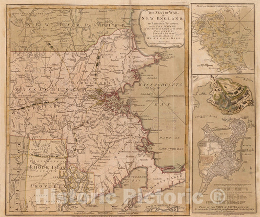 Historical Map, 1775 The seat of war in New England, by an American Volunteer : with The marches of The Several Corps Sent by The Colonies Towards Boston, Vintage Wall Art