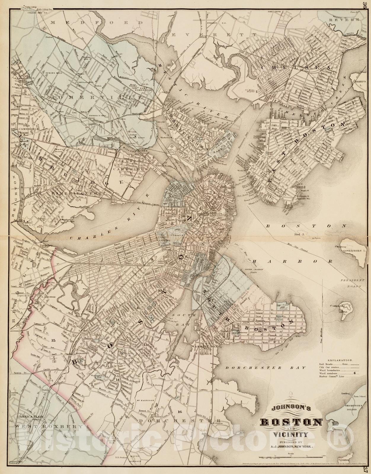 Historical Map, 1870 Boston and Vicinity, Vintage Wall Art