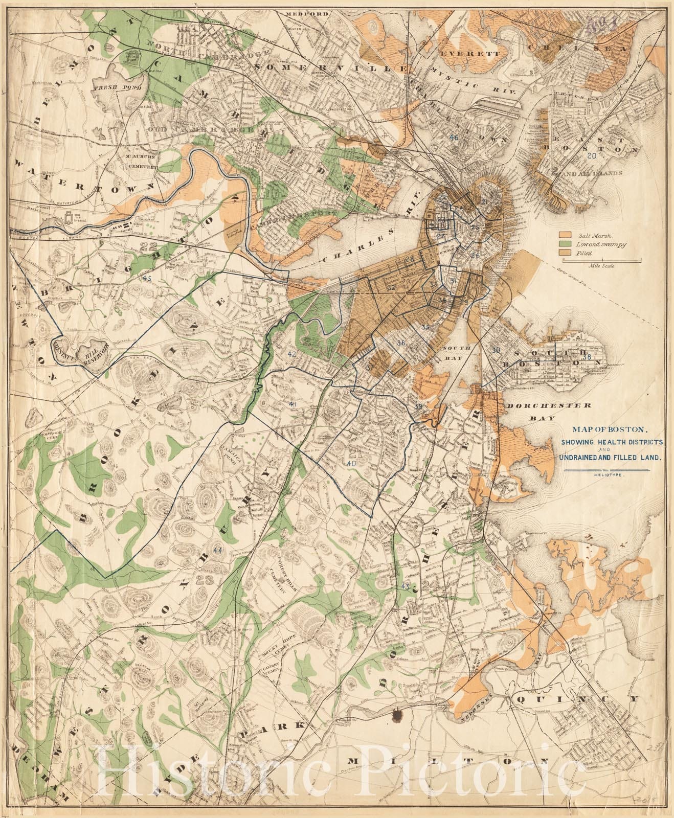 Historical Map, 1870-1879 Map of Boston : Showing Health districts and undrained and Drained Land, Vintage Wall Art