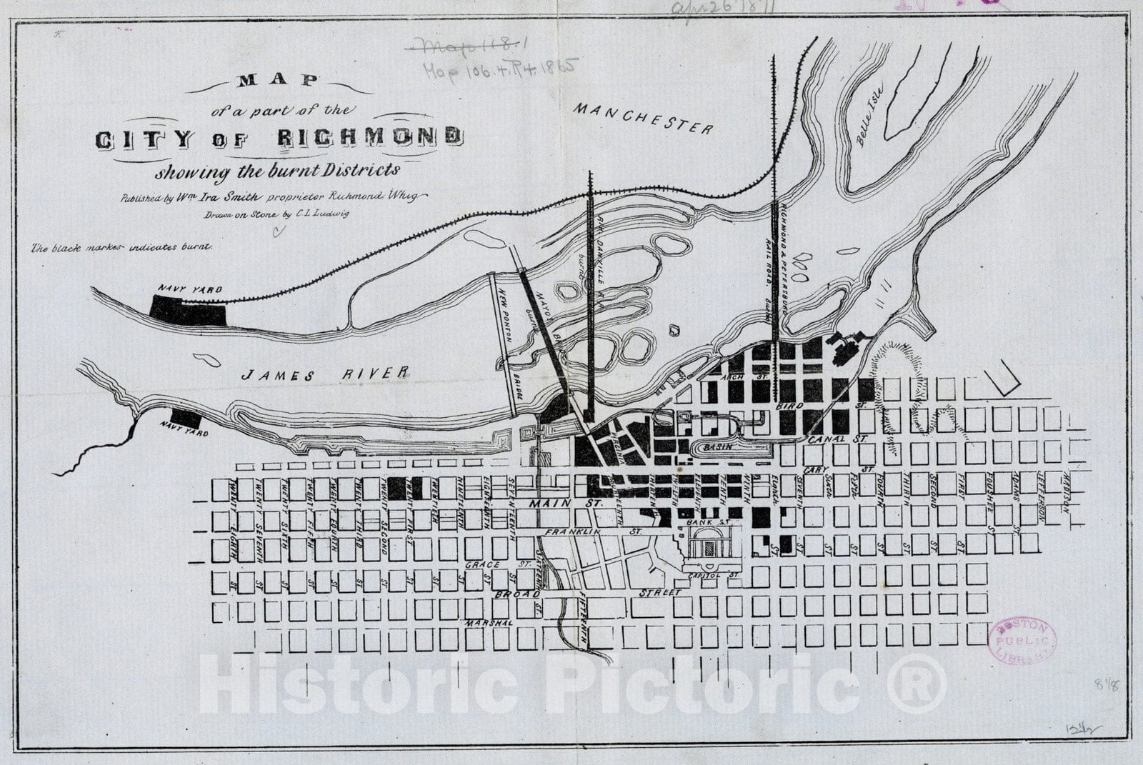 Historical Map, 1865 Map of a Part of The City of Richmond Showing The Burnt districts, Vintage Wall Art