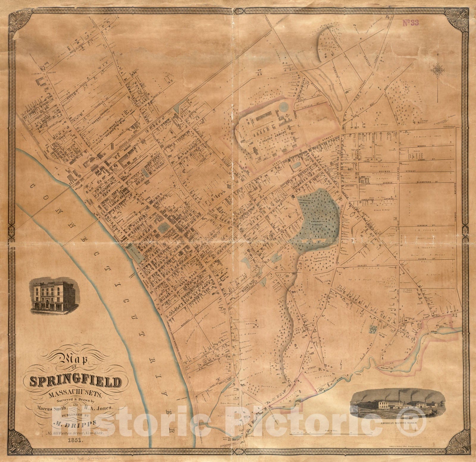 Historical Map, 1851 Map of Springfield, Massachusetts, Vintage Wall Art