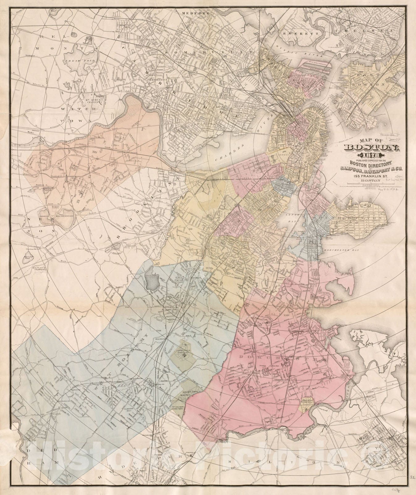 Historical Map, Map of Boston, for 1878, Vintage Wall Art
