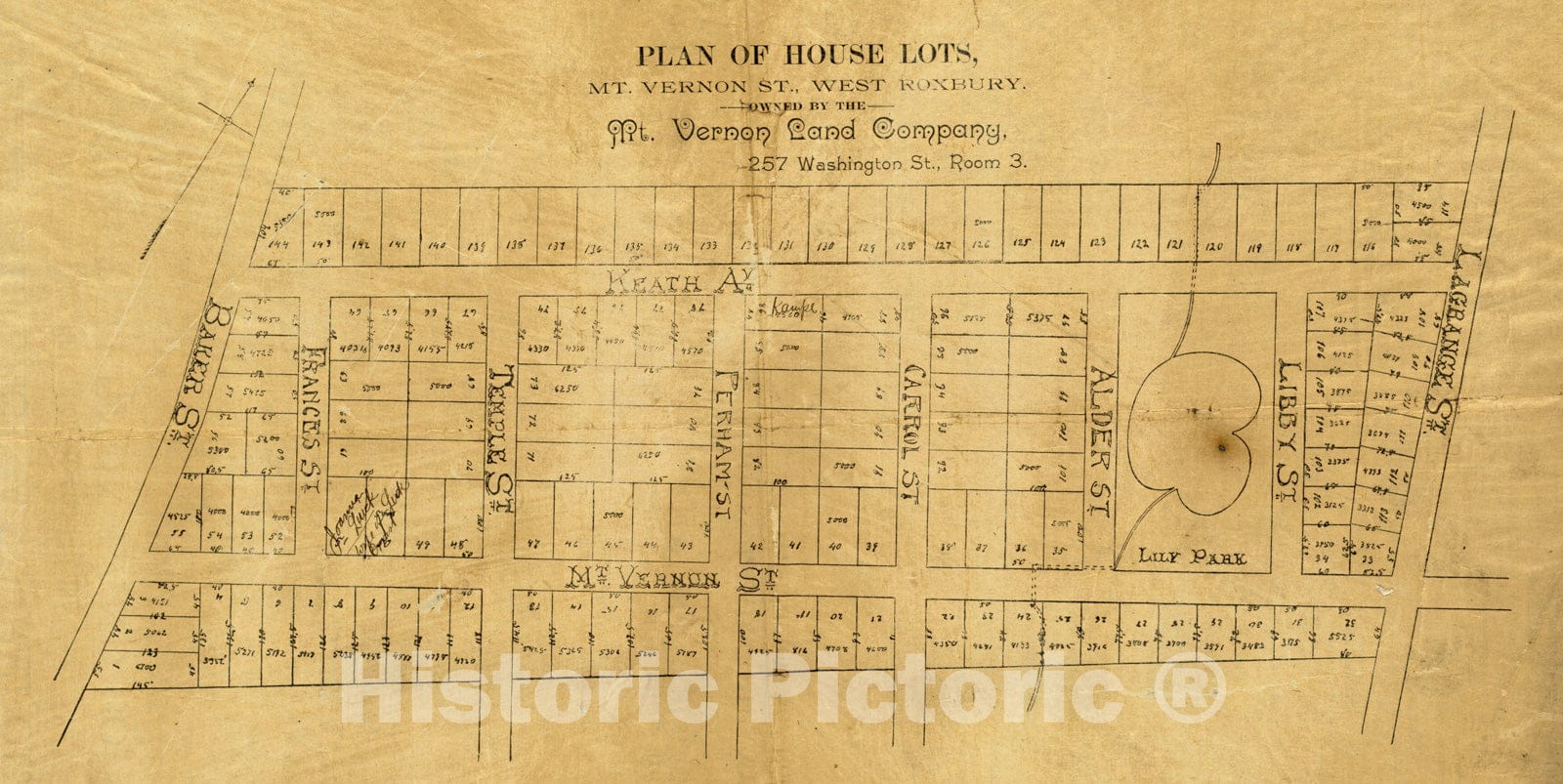 Historical Map, 1892 Plan of house lots, Mt. Vernon St, West Roxbury : owned by the Mt. Vernon Land Company, 257 Washington St, Room 3, Vintage Wall Art