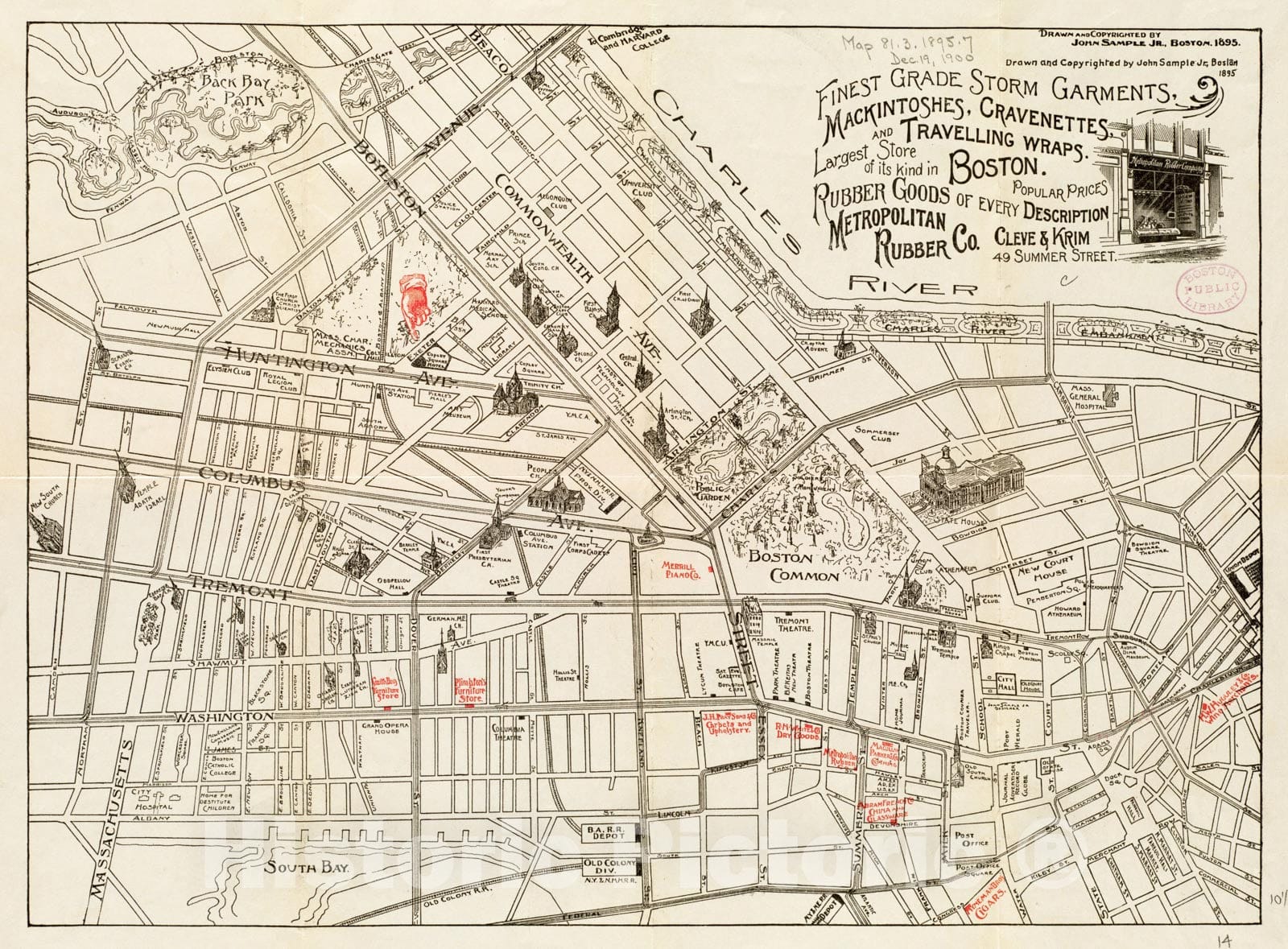 Historical Map, ca. 1895 A guide to Boston, Vintage Wall Art