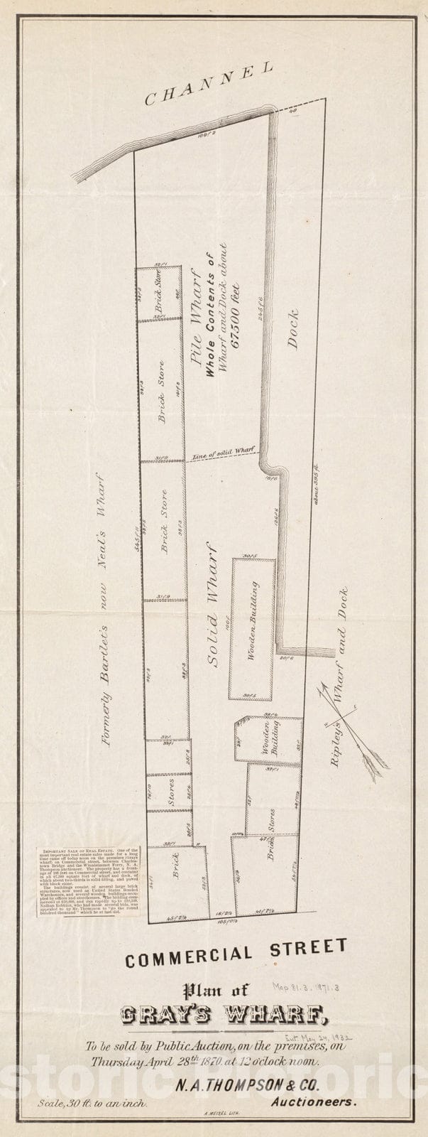 Historical Map, Plan of Gray's Wharf, to be sold at public auction, on the premises, on Thursday April 28th 1870 at 12 o'clock noon, Vintage Wall Art
