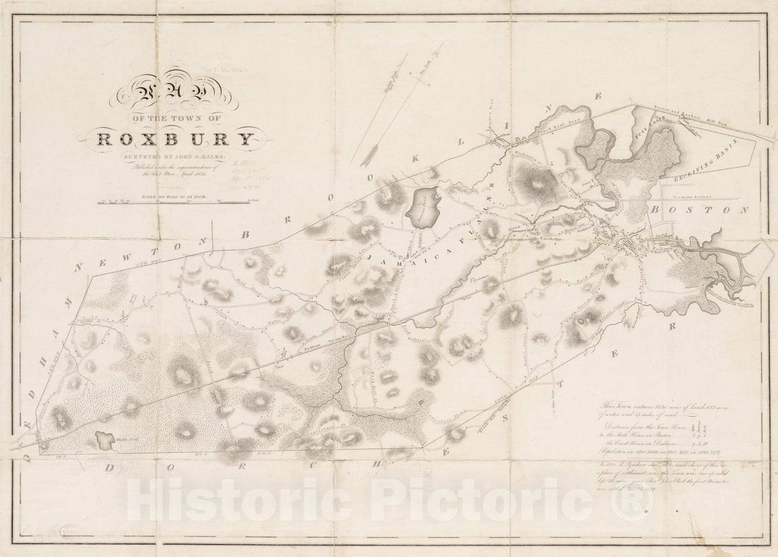 Historical Map, 1832 Map of the town of Roxbury, Vintage Wall Art