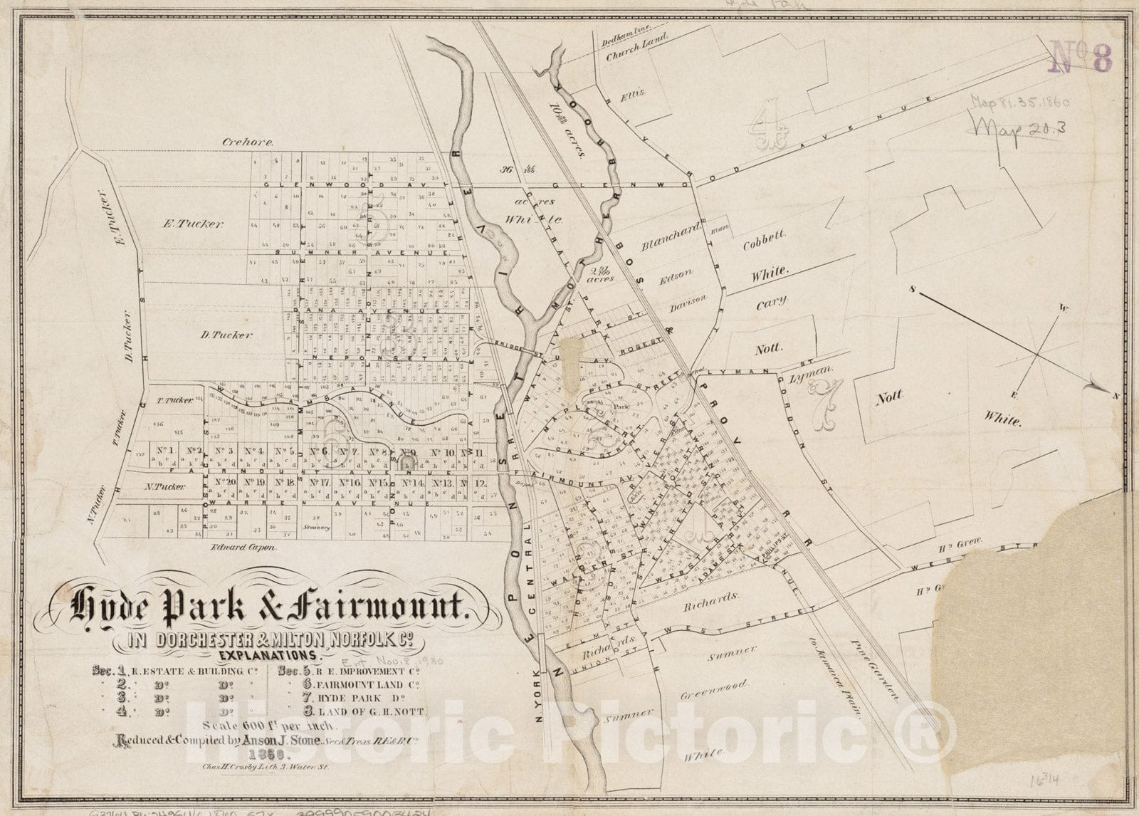 Historical Map, 1860 Hyde Park & Fairmount : in Dorchester & Milton, Norfolk Co, Vintage Wall Art