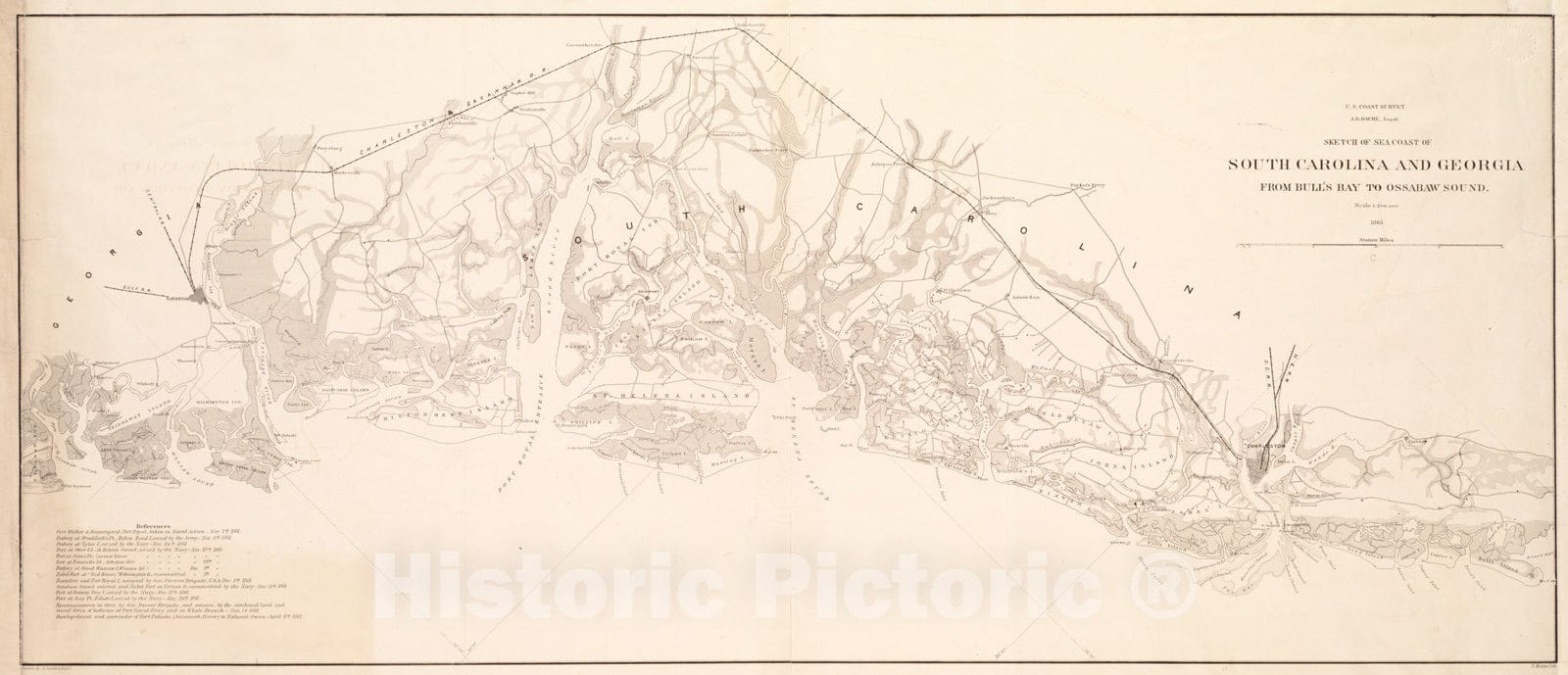 Historical Map, 1863 Sketch of sea coast of South Carolina and Georgia from Bull's Bay to Ossabaw Sound, Vintage Wall Art