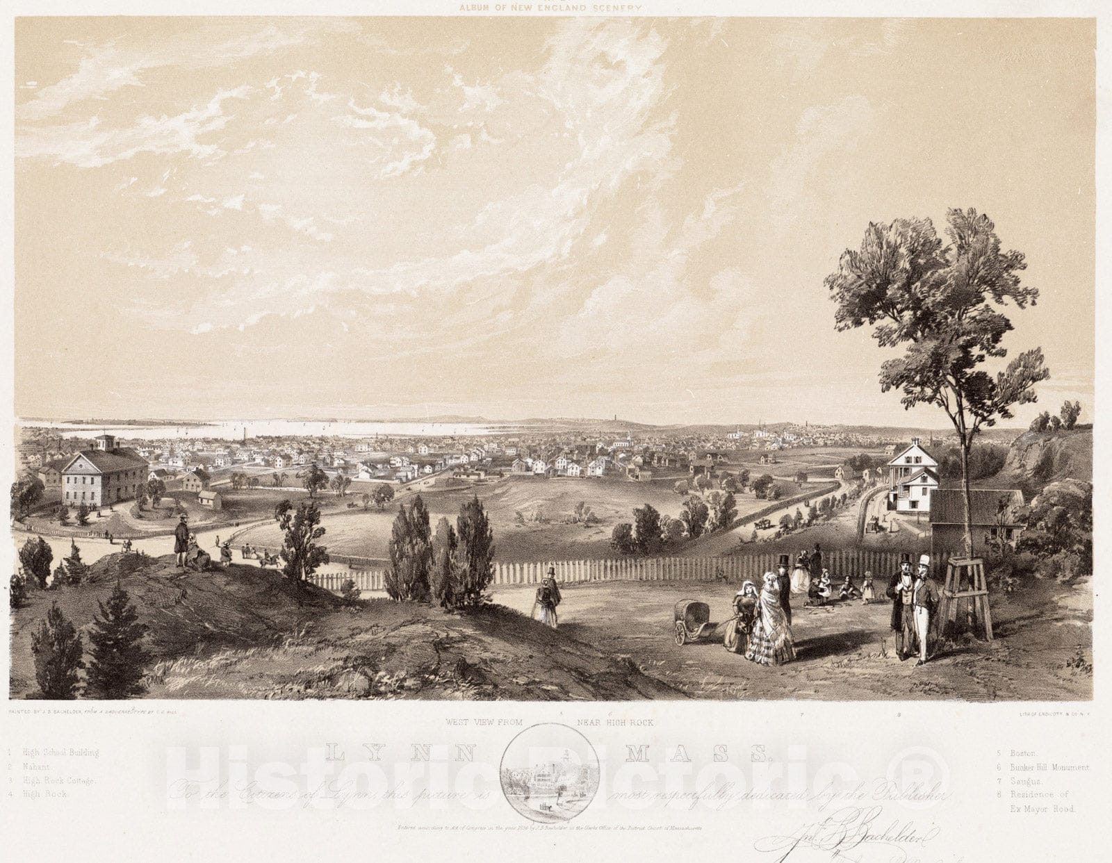 Historical Map, 1856 Lynn, Mass [Art Original] : west View from Near High Rock, Vintage Wall Art