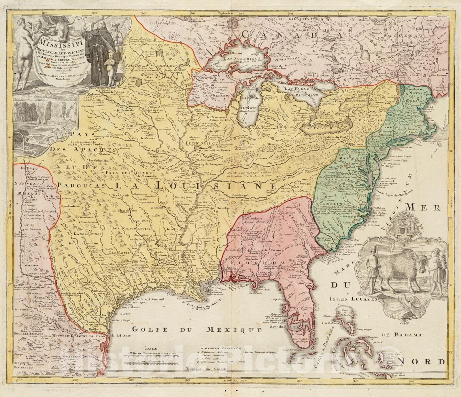 Historical Map, 1720 Amplissimae regionis Mississipi seu provinciae Ludovicianae aIâ€š R.P. Ludovico Hennepin Francisc. Miss. in America septentrionali Anno 168, Vintage Wall Art