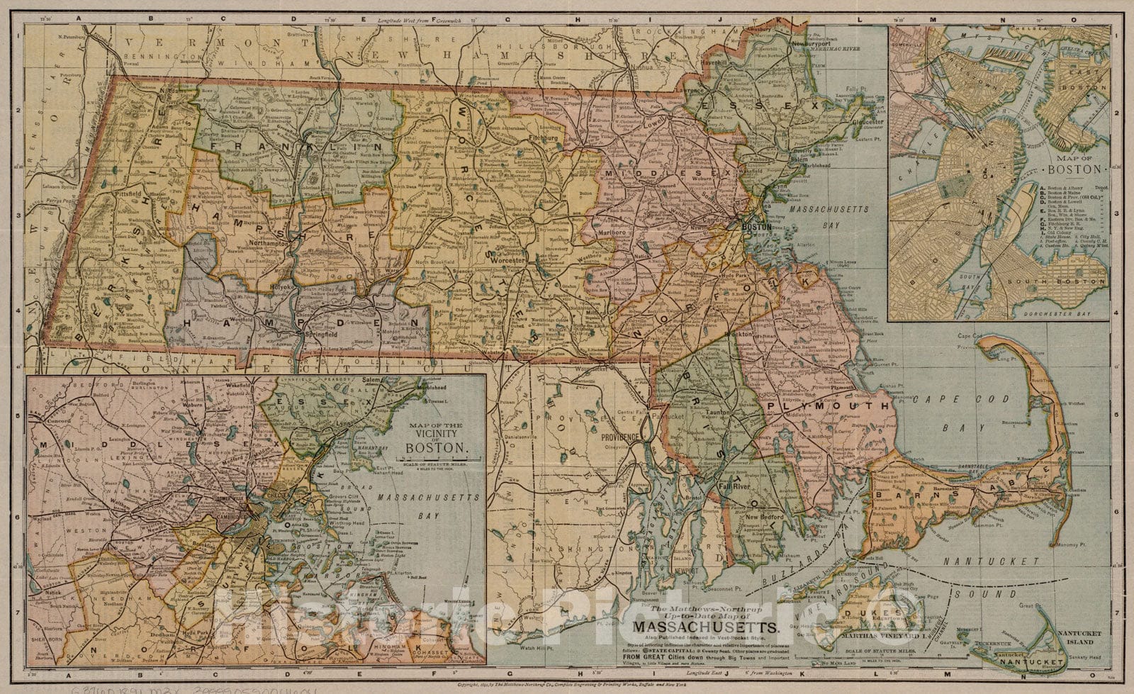 Historical Map, ca. 1891 The Matthews-Northrup up-to-Date map of Massachusetts, Vintage Wall Art