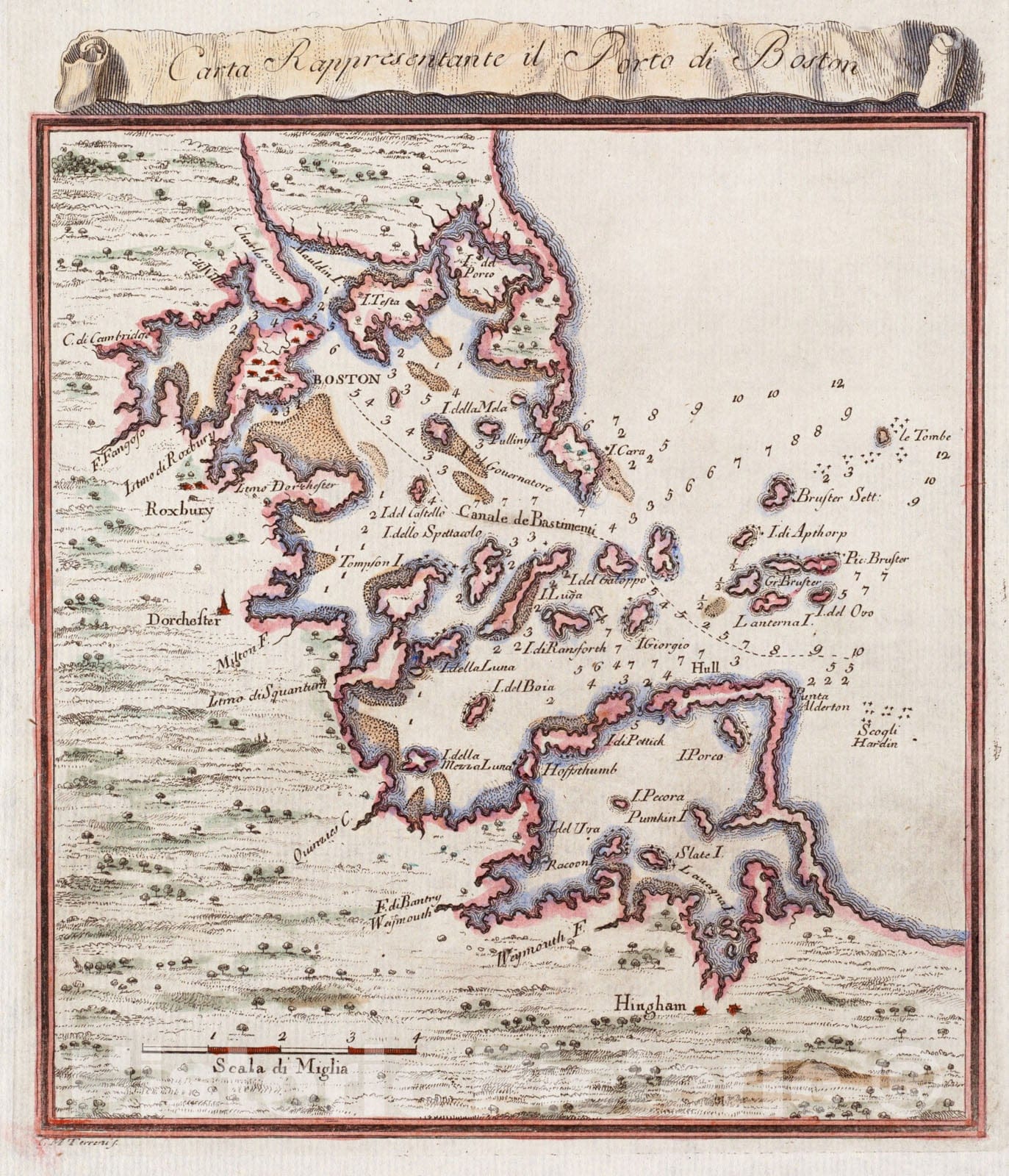 Historical Map, 1763 Carta rappresentante il Porto di Boston, Vintage Wall Art