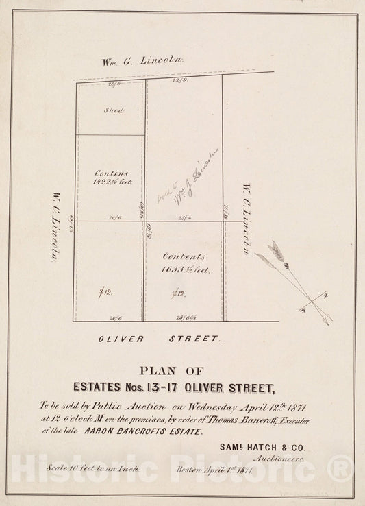 Historical Map, Plan of estates nos. 13-17 Oliver Street, to be sold by public auction on Wednesday April 12th 1871 at 12 o'clock m. on the premesis, by order of Thom, Vintage Wall Art