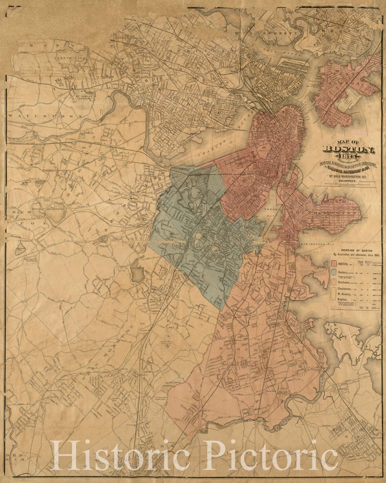 Historical Map, Map of Boston, for 1875, Vintage Wall Art
