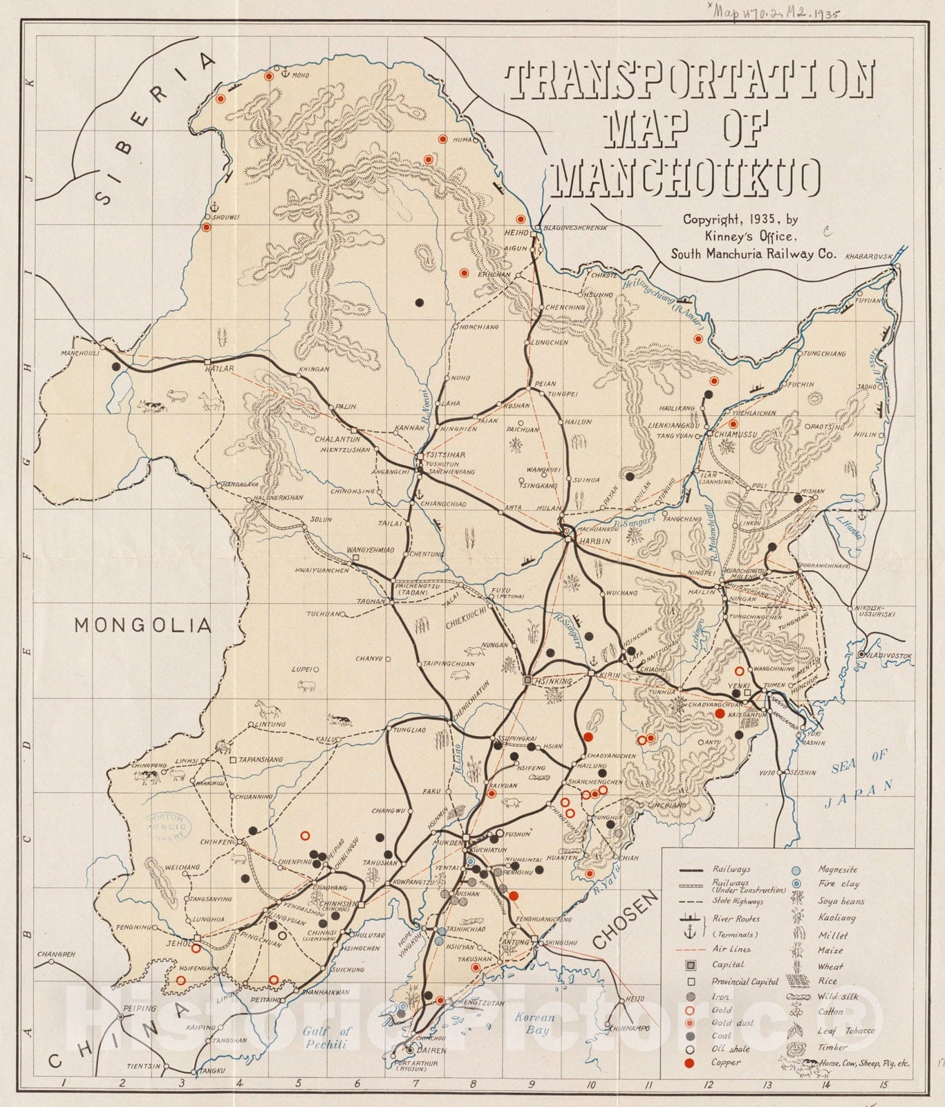 Historical Map, ca. 1935 Transportation map of Manchoukuo, Vintage Wall Art