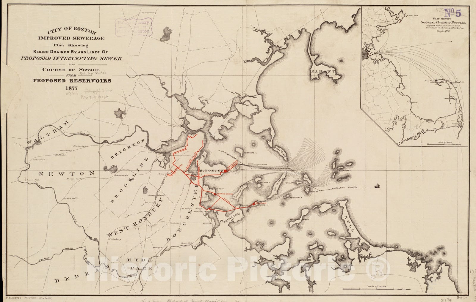 Historical Map, 1877 City of Boston Improved Sewerage, Also Course of Sewer from Proposed reservoirs 1877, Vintage Wall Art