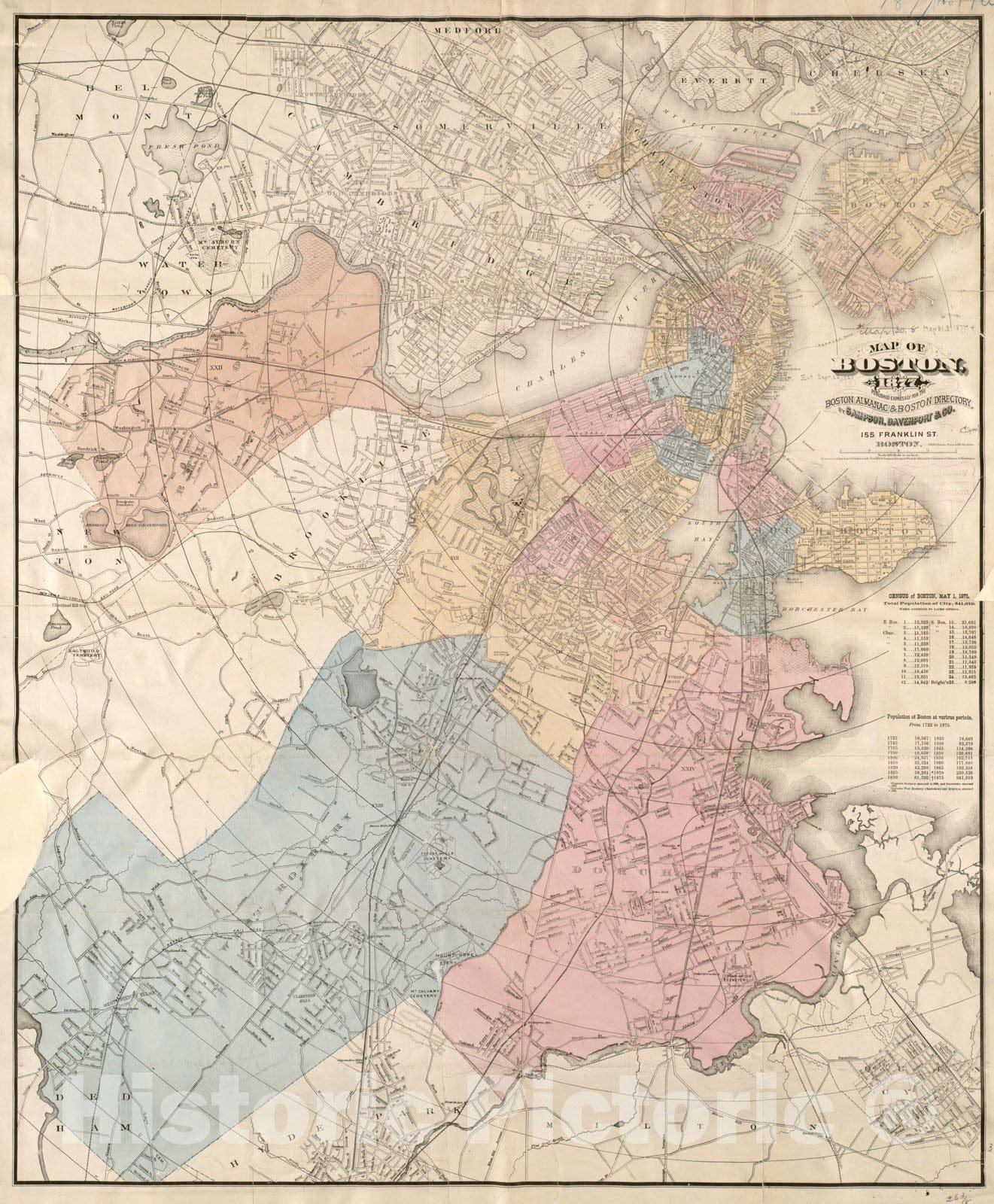 Historical Map, Map of Boston, for 1877, Vintage Wall Art